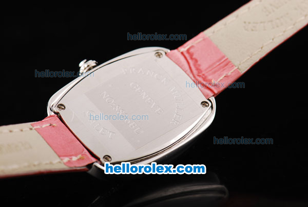 Franck Muller Galet Quartz Movement Silver Case with White Dial and Diamond Bezel-Pink Leather Strap - Click Image to Close